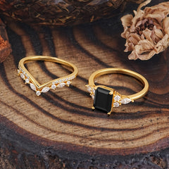 Luxury Vintage 4-Prong Emerald-Cut Black Onyx Ring Set