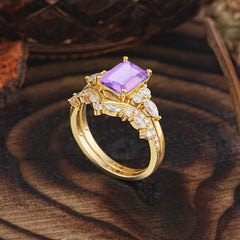 Luxury Vintage 4-Prong Emerald-Cut Amethyst Ring Set
