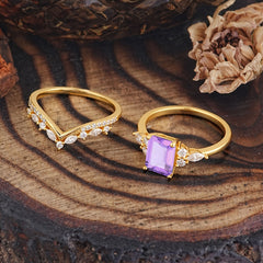 Luxury Vintage 4-Prong Emerald-Cut Amethyst Ring Set