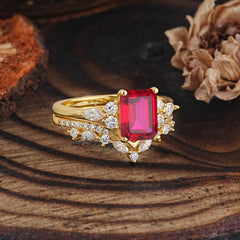 Luxury Vintage 4-Prong Emerald-Cut Ruby Ring Set