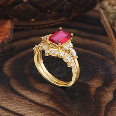 Luxury Vintage 4-Prong Emerald-Cut Ruby Ring Set