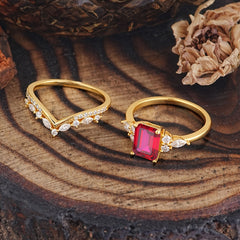 Luxury Vintage 4-Prong Emerald-Cut Ruby Ring Set