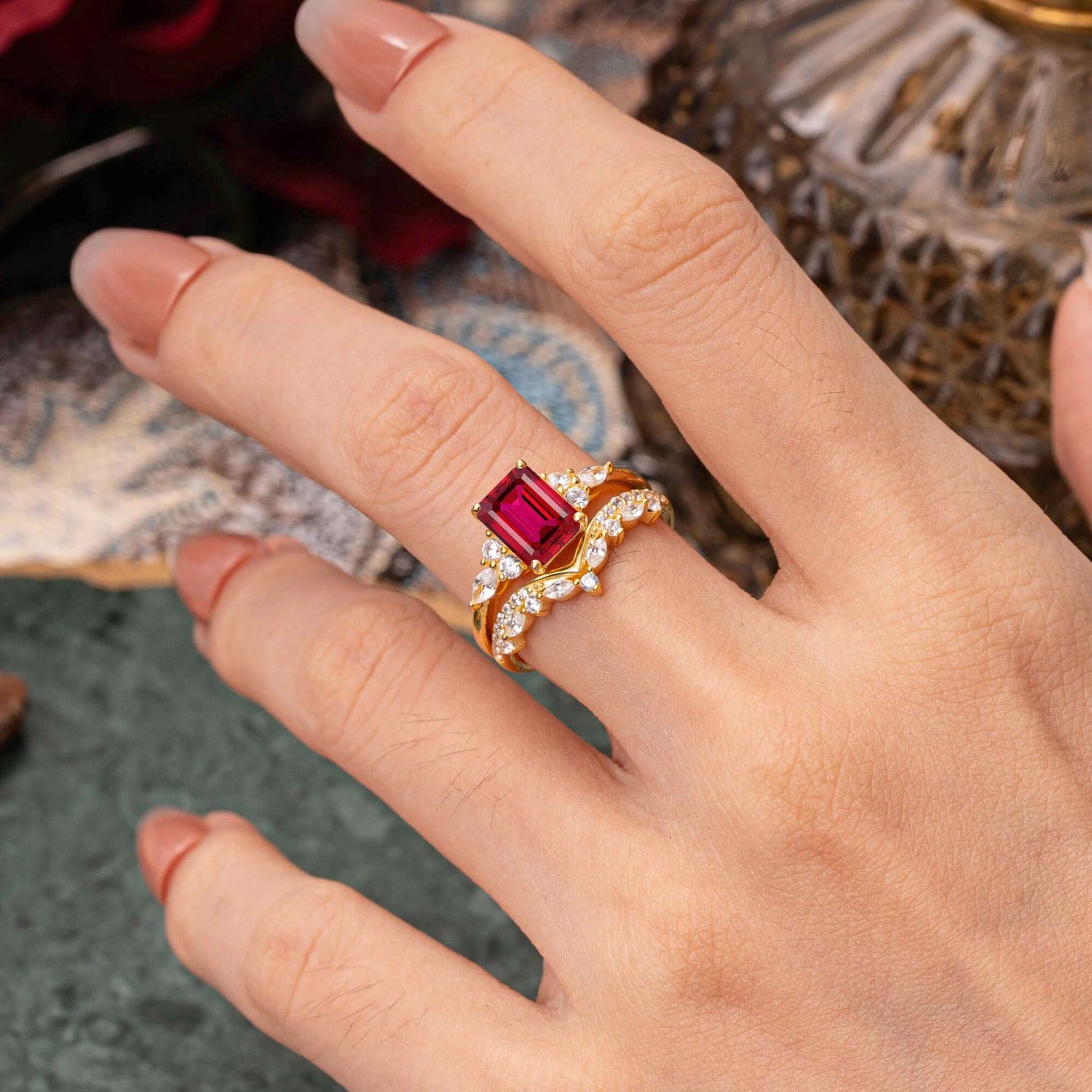 Luxury Vintage 4-Prong Emerald-Cut Ruby Bridal Ring Set