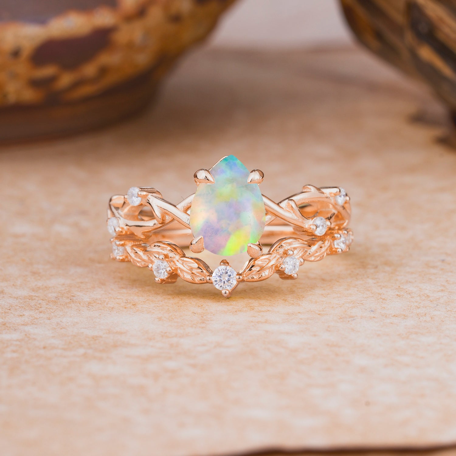 Woodland Style 6 Prong Pear Shaped Opal Bridal Ring Set