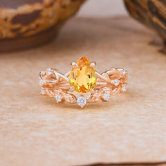 Woodland Style 6 Prong Pear Shaped Citrine Wedding Ring