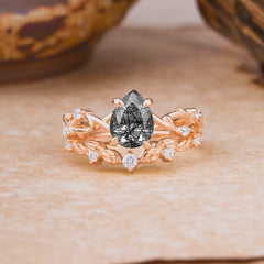 Woodland Style 6 Prong Pear Shaped Black Rutilated Quartz Wedding Ring