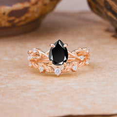Woodland Style 6 Prong Pear Shaped Black Onyx Wedding Ring