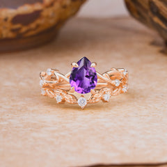 Woodland Style 6 Prong Pear Shaped Amethyst Wedding Ring