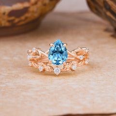 Woodland Style 6 Prong Pear Shaped Aquamarine Wedding Ring