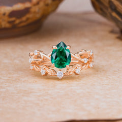 Woodland Style 6 Prong Pear Shaped Emerald Wedding Ring