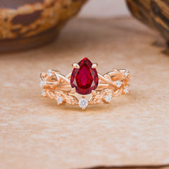 Woodland Style 6 Prong Pear Shaped Ruby Wedding Ring