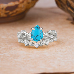 Woodland Style 6 Prong Pear Shaped Turquoise Wedding Ring