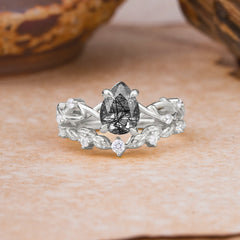 Woodland Style 6 Prong Pear Shaped Black Rutilated Quartz Wedding Ring