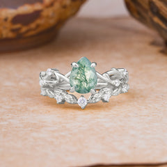 Woodland Style 6 Prong Pear Shaped Moss Agate Wedding Ring