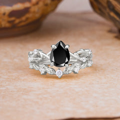 Woodland Style 6 Prong Pear Shaped Black Onyx Wedding Ring
