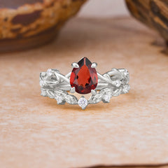 Woodland Style 6 Prong Pear Shaped Garnet Wedding Ring