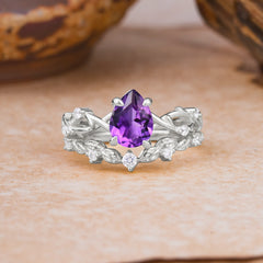 Woodland Style 6 Prong Pear Shaped Amethyst Wedding Ring