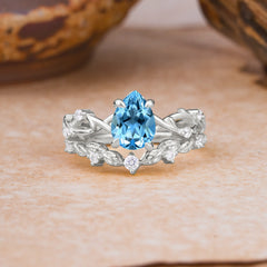 Woodland Style 6 Prong Pear Shaped Aquamarine Wedding Ring