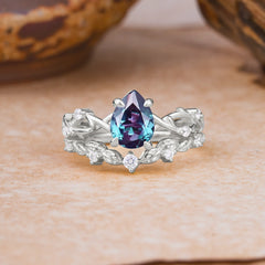 Woodland Style 6 Prong Pear Shaped Alexandrite Wedding Ring