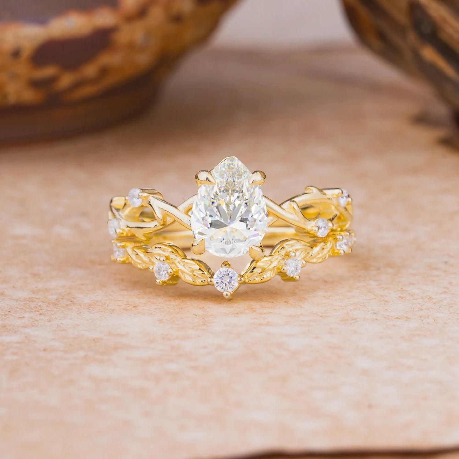 Woodland Style 6 Prong Pear Shaped Moissanite Bridal Ring Set