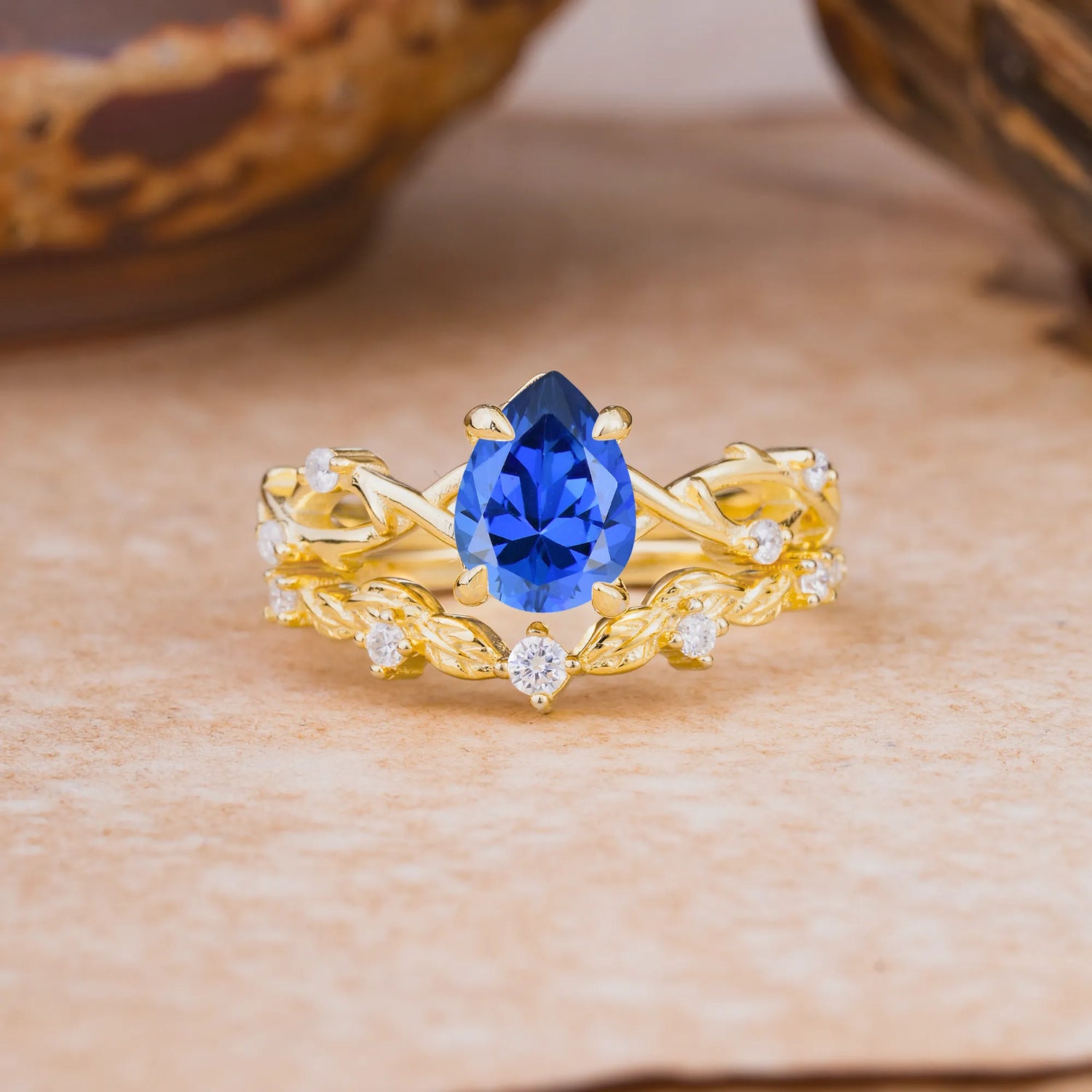 Woodland Style 6 Prong Pear Shaped Sapphire Bridal Ring Set