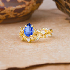 Woodland Style 6 Prong Pear Shaped Sapphire Wedding Ring