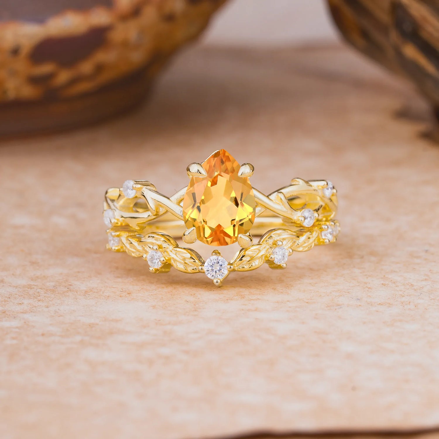 Woodland Style 6 Prong Pear Shaped Citrine Bridal Ring Set