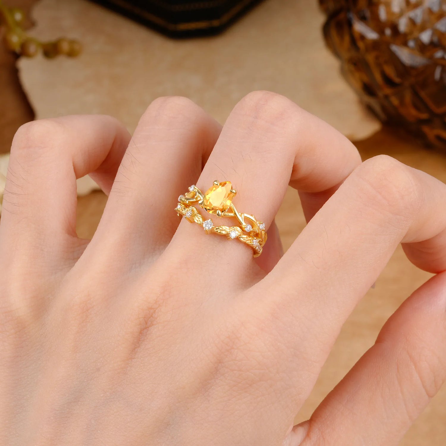 Woodland Style 6 Prong Pear Shaped Citrine Bridal Ring Set
