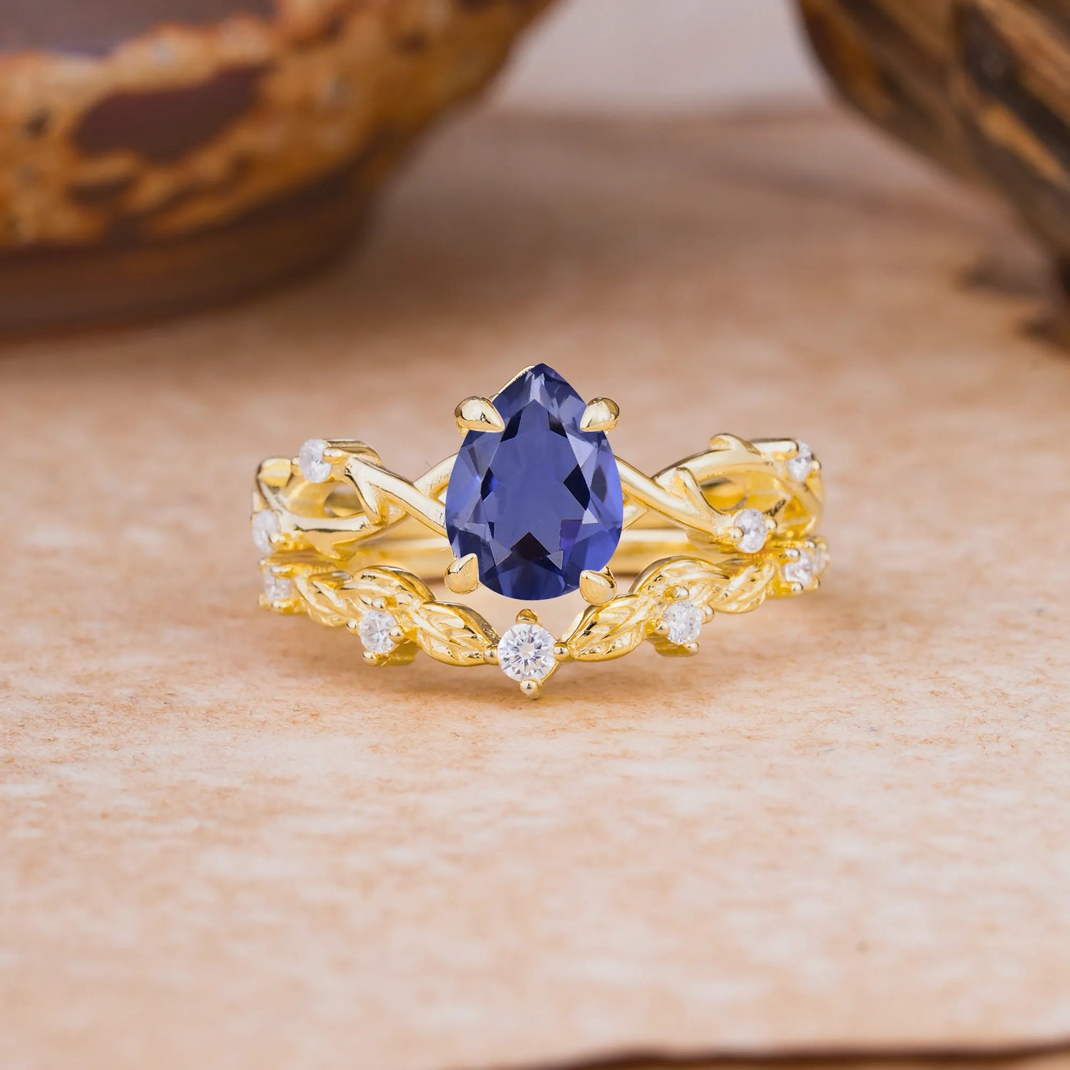 Woodland Style 6 Prong Pear Shaped Tanzanite Bridal Ring Set