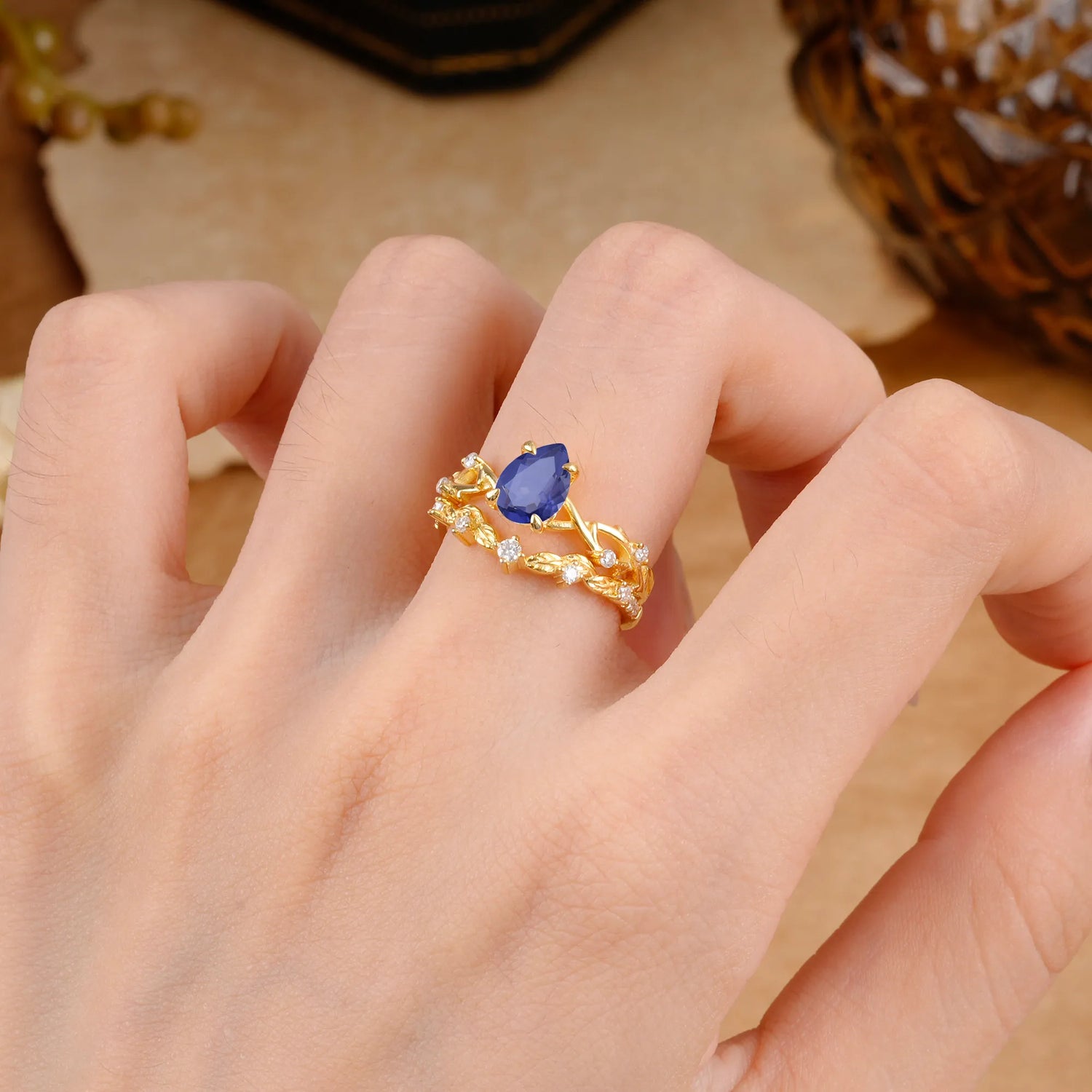Woodland Style 6 Prong Pear Shaped Tanzanite Bridal Ring Set