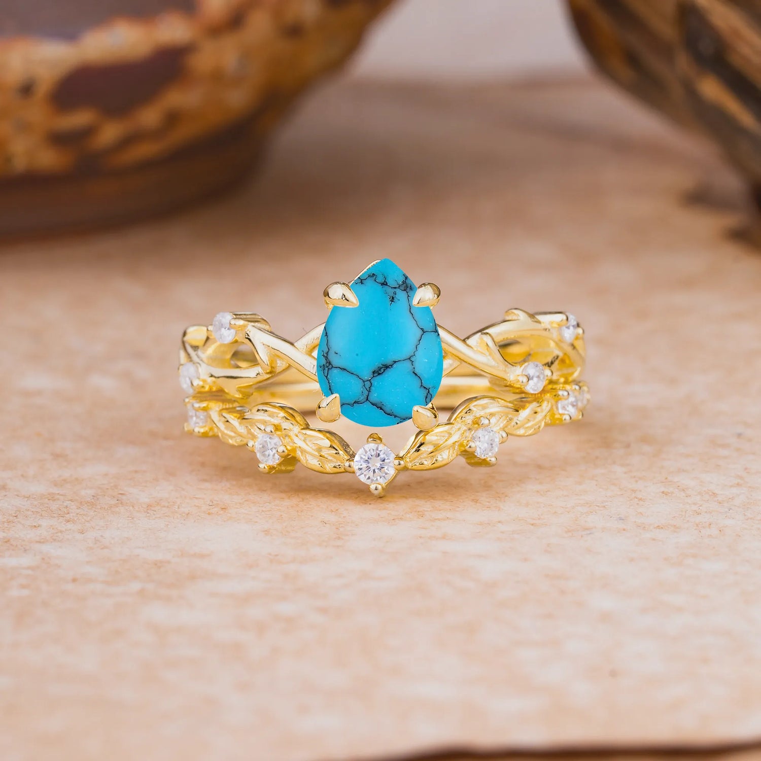 Woodland Style 6 Prong Pear Shaped Turquoise Bridal Ring Set