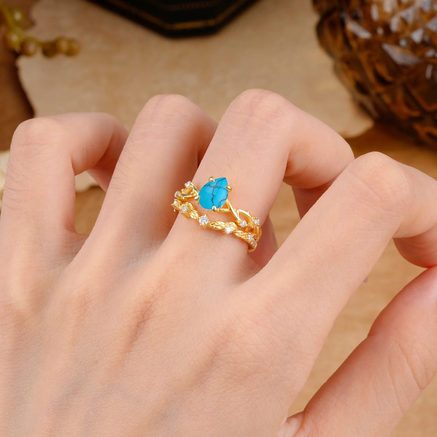Woodland Style 6 Prong Pear Shaped Turquoise Bridal Ring Set
