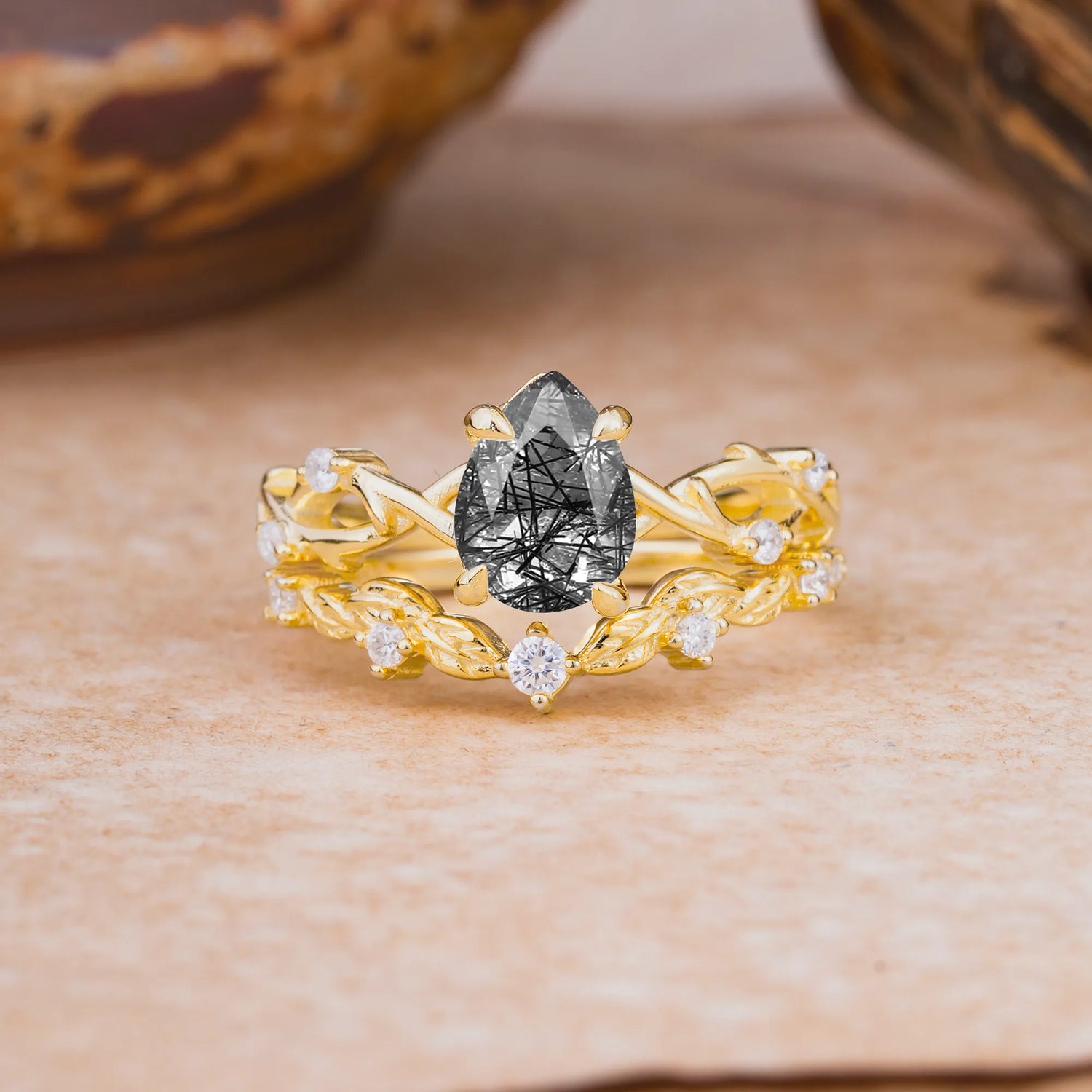 Woodland Style 6 Prong Pear Shaped Black Rutilated Quartz Bridal Ring Set