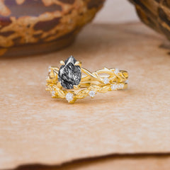 Woodland Style 6 Prong Pear Shaped Black Rutilated Quartz Wedding Ring
