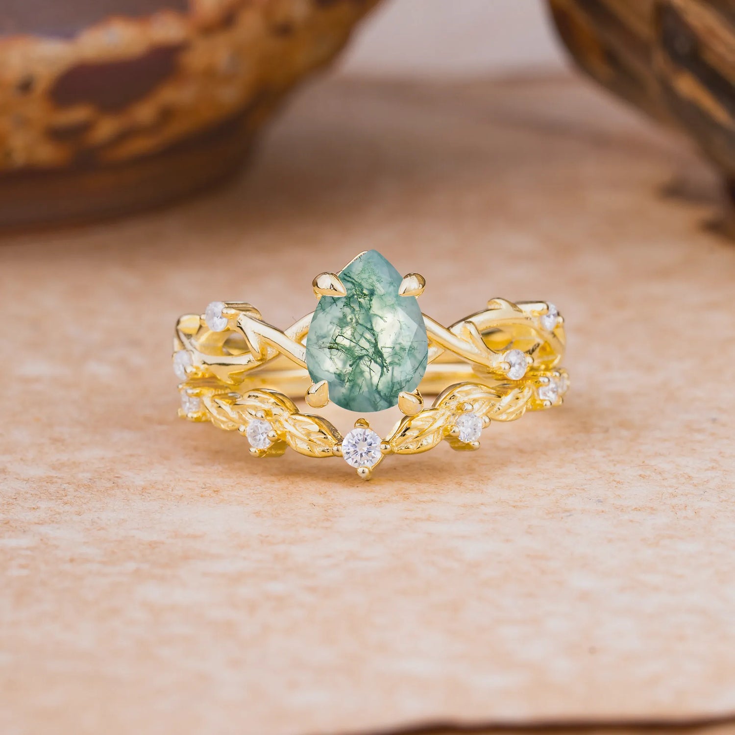 Woodland Style 6 Prong Pear Shaped Moss Agate Bridal Ring Set