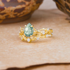 Woodland Style 6 Prong Pear Shaped Moss Agate Wedding Ring