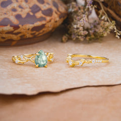 Woodland Style 6 Prong Pear Shaped Moss Agate Wedding Ring