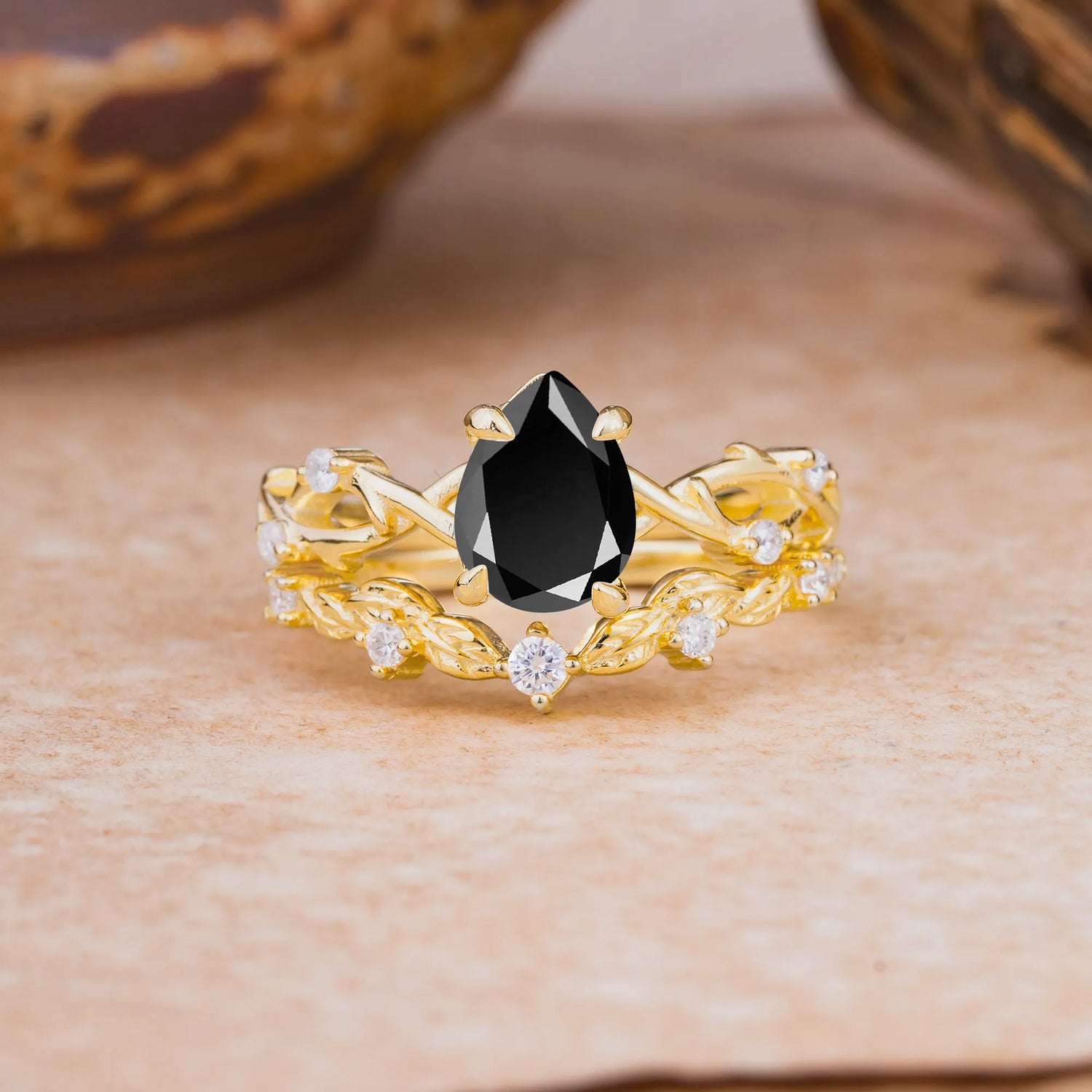Woodland Style 6 Prong Pear Shaped Black Onyx Bridal Ring Set