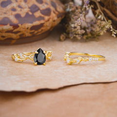 Woodland Style 6 Prong Pear Shaped Black Onyx Wedding Ring