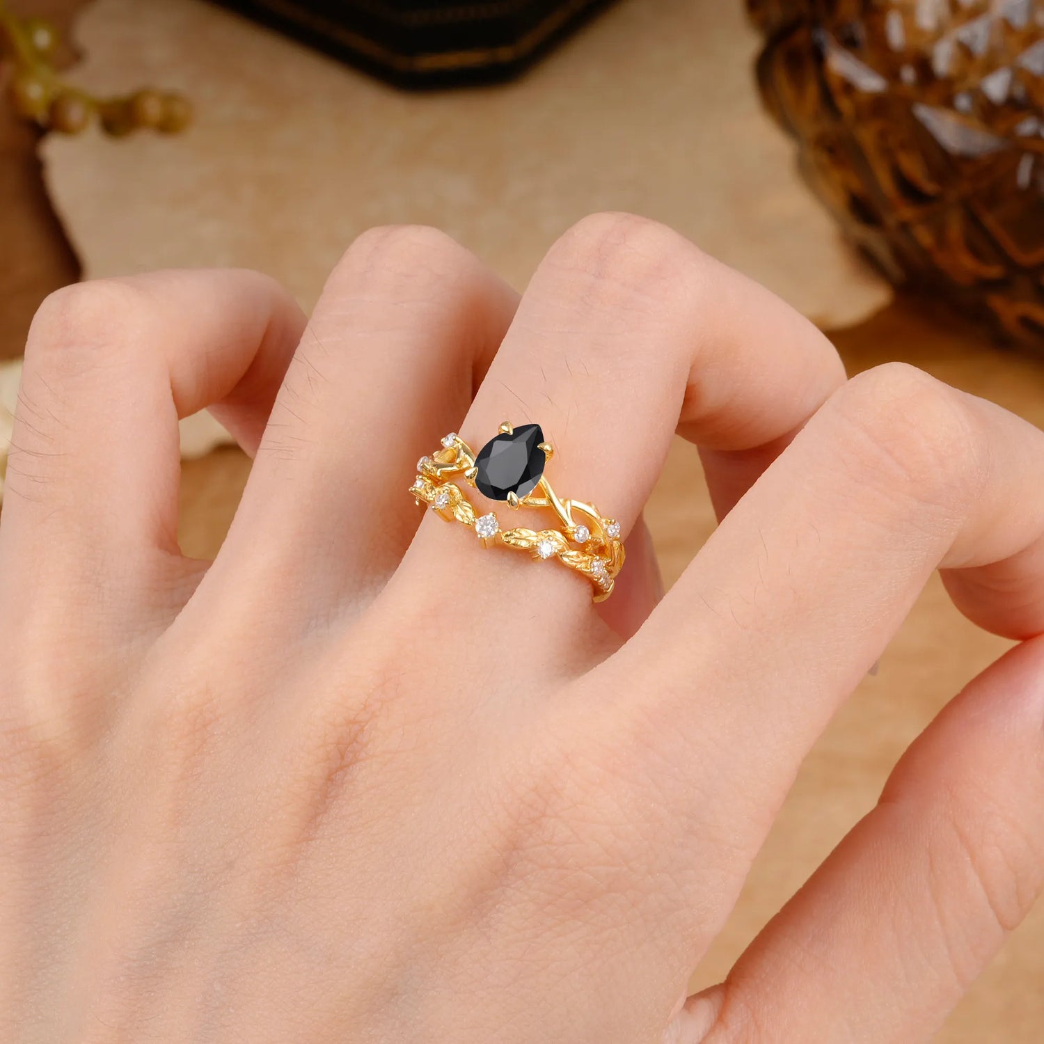 Woodland Style 6 Prong Pear Shaped Black Onyx Bridal Ring Set