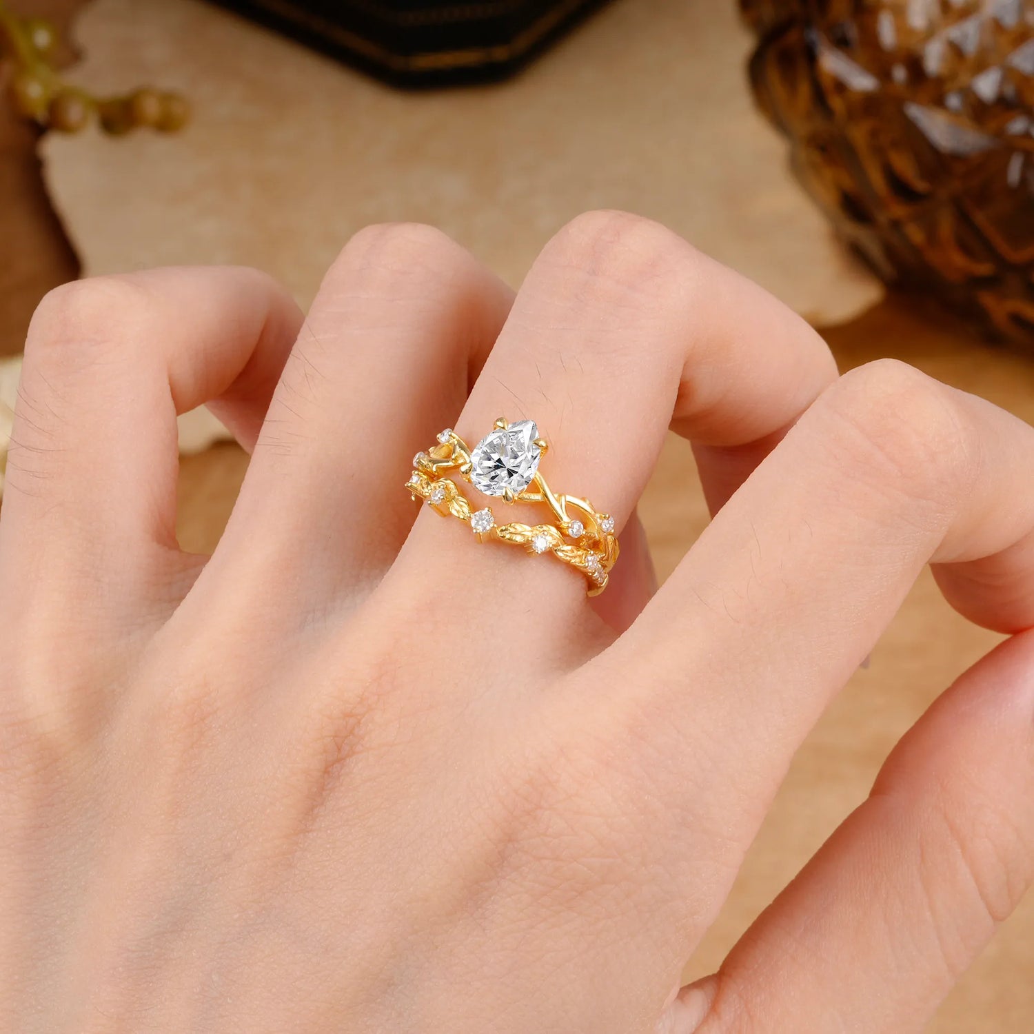 Woodland Style 6 Prong Pear Shaped Lab Diamond Bridal Ring Set