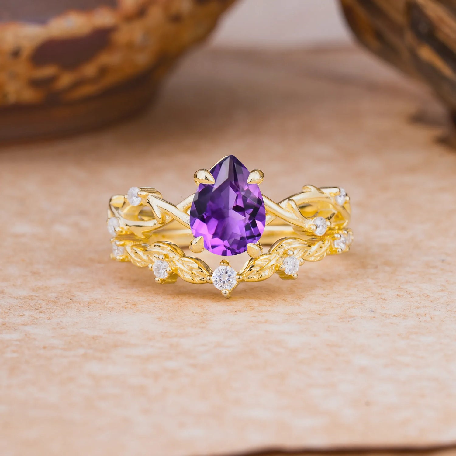 Woodland Style 6 Prong Pear Shaped Amethyst Bridal Ring Set