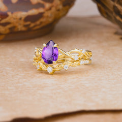 Woodland Style 6 Prong Pear Shaped Amethyst Wedding Ring
