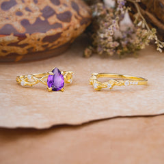 Woodland Style 6 Prong Pear Shaped Amethyst Wedding Ring