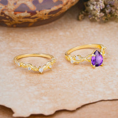 Woodland Style 6 Prong Pear Shaped Amethyst Wedding Ring