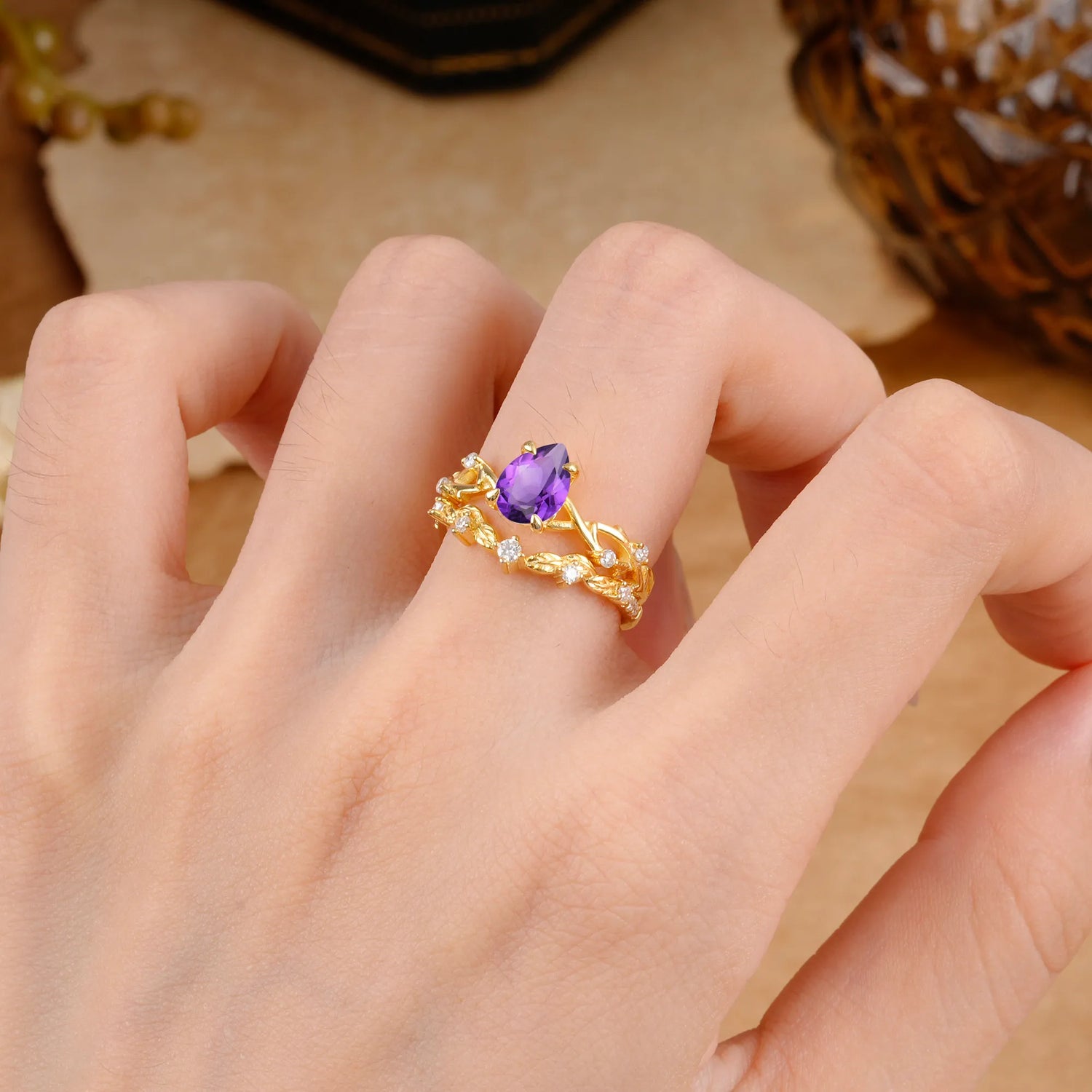 Woodland Style 6 Prong Pear Shaped Amethyst Bridal Ring Set