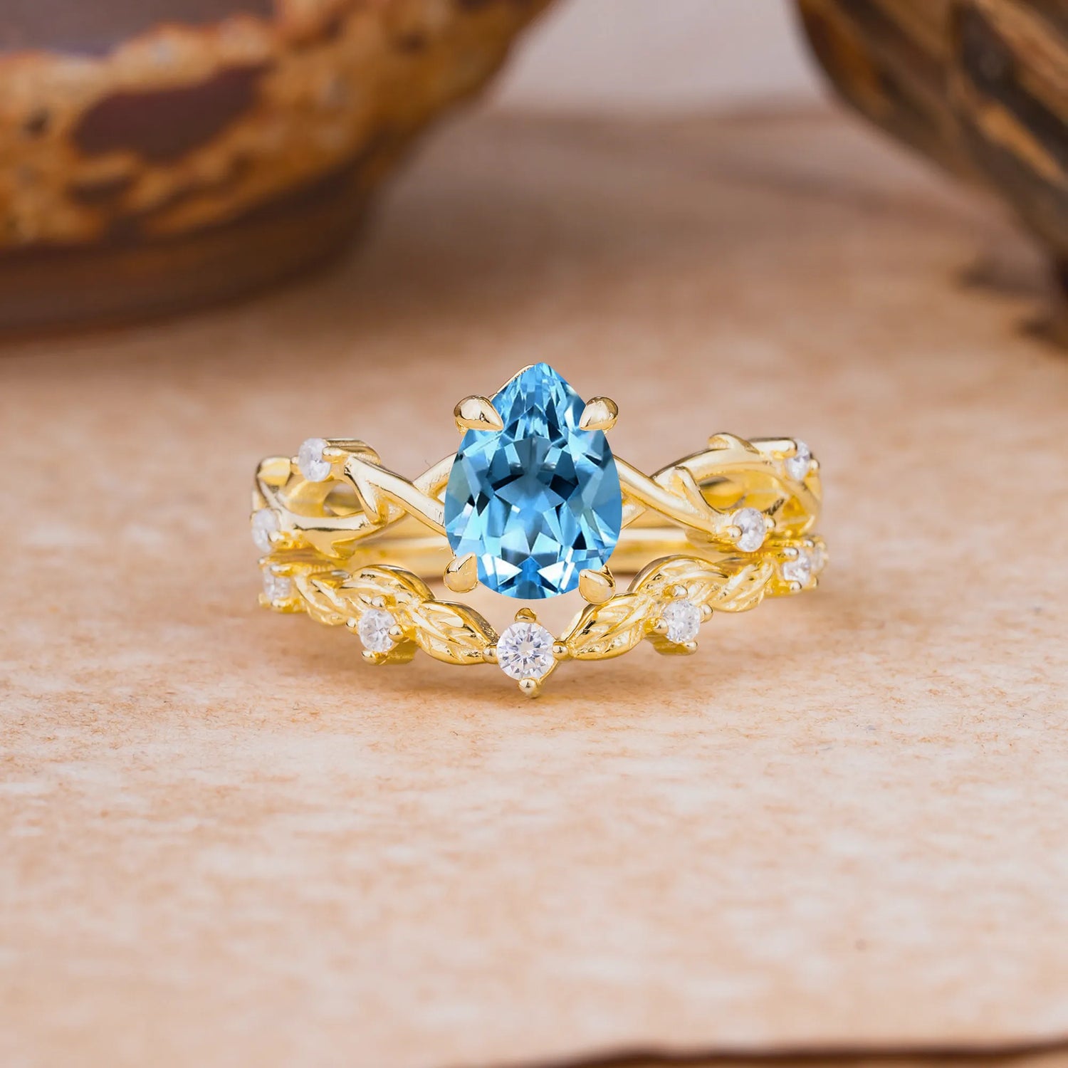 Woodland Style 6 Prong Pear Shaped Aquamarine Bridal Ring Set