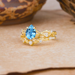 Woodland Style 6 Prong Pear Shaped Aquamarine Wedding Ring