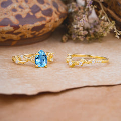 Woodland Style 6 Prong Pear Shaped Aquamarine Wedding Ring
