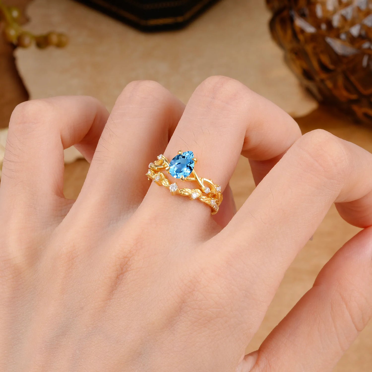 Woodland Style 6 Prong Pear Shaped Aquamarine Bridal Ring Set